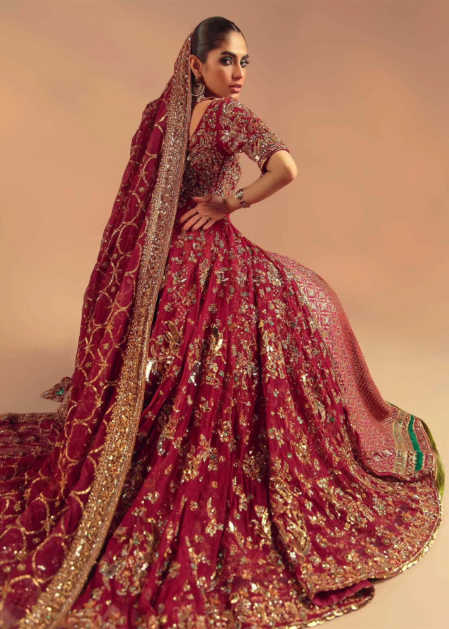 Pakistani Deep Berry Red Zardozi Silk Bridal Lehenga (3-Piece) - Image 4