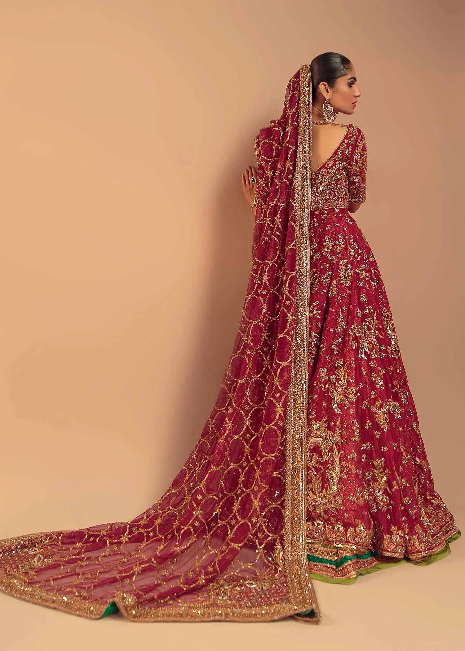Pakistani Deep Berry Red Zardozi Silk Bridal Lehenga (3-Piece) - Image 5