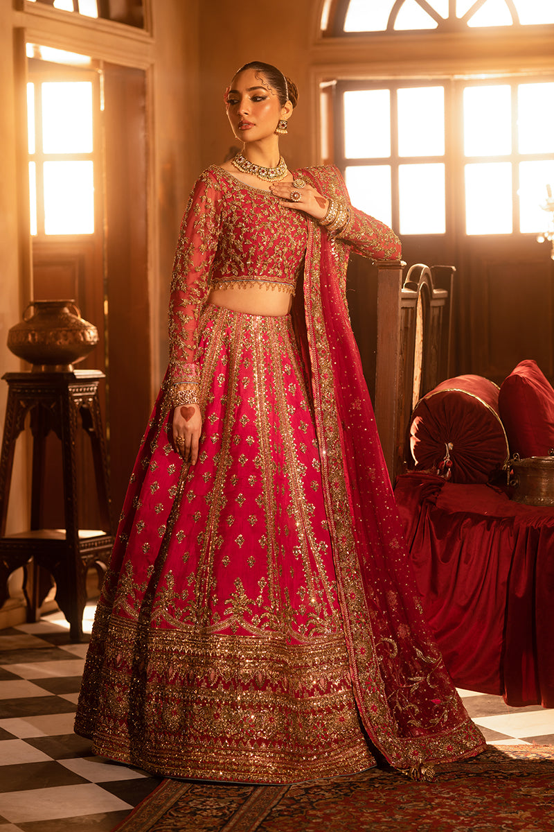 Pakistani Crimson Zardozi Silk Bridal Lehenga (3-Piece) - Image 1