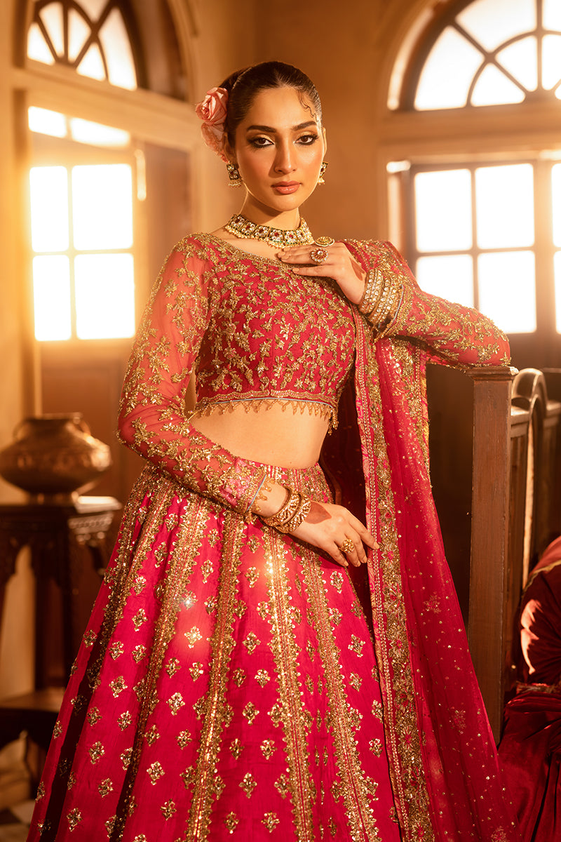 Pakistani Crimson Zardozi Silk Bridal Lehenga (3-Piece) - Image 2