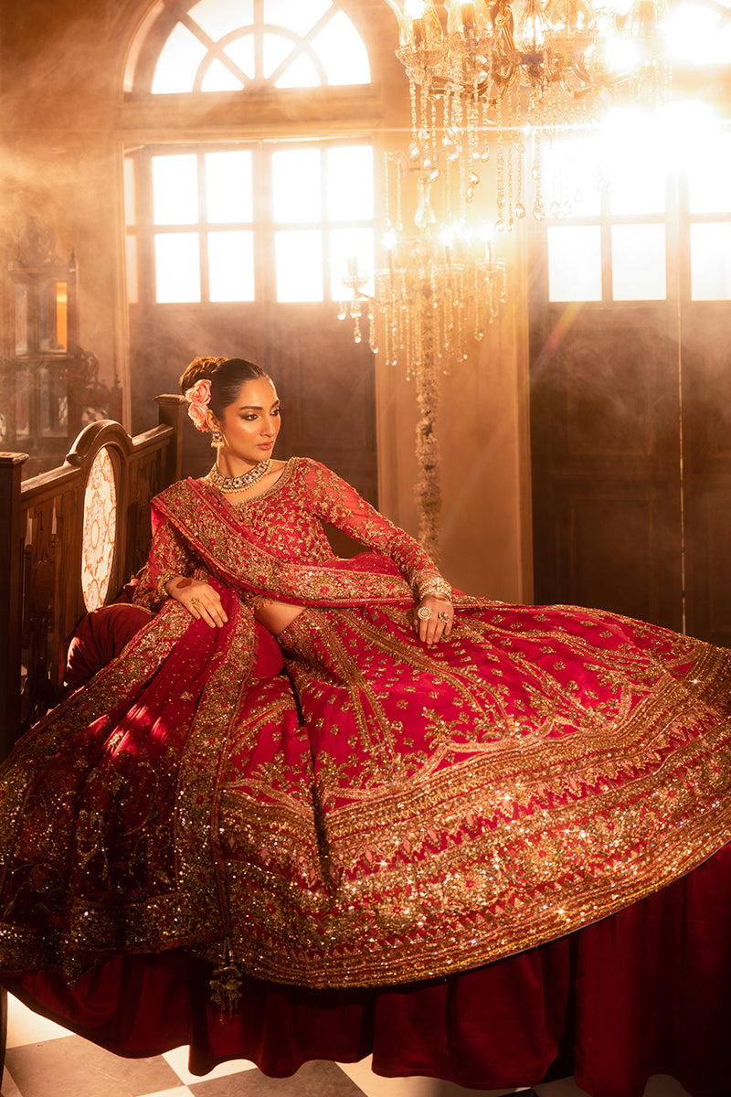 Pakistani Crimson Zardozi Silk Bridal Lehenga (3-Piece) - Image 3