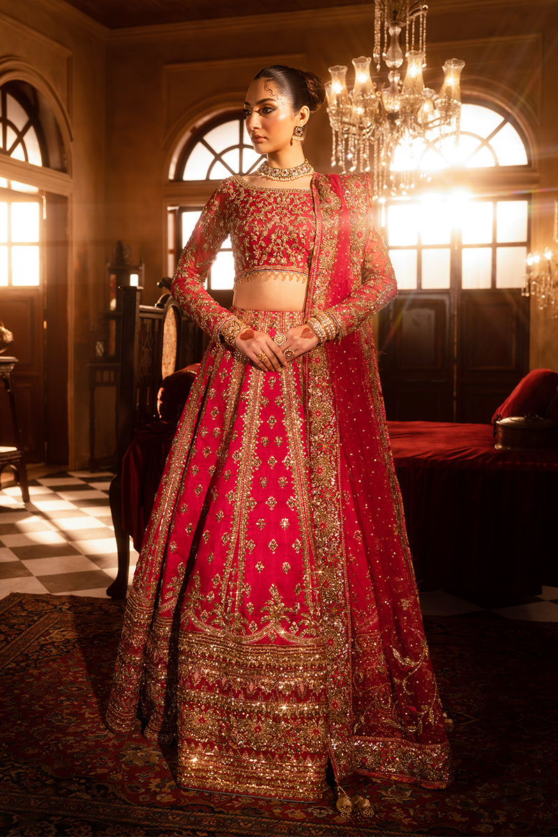 Pakistani Crimson Zardozi Silk Bridal Lehenga (3-Piece) - Image 4