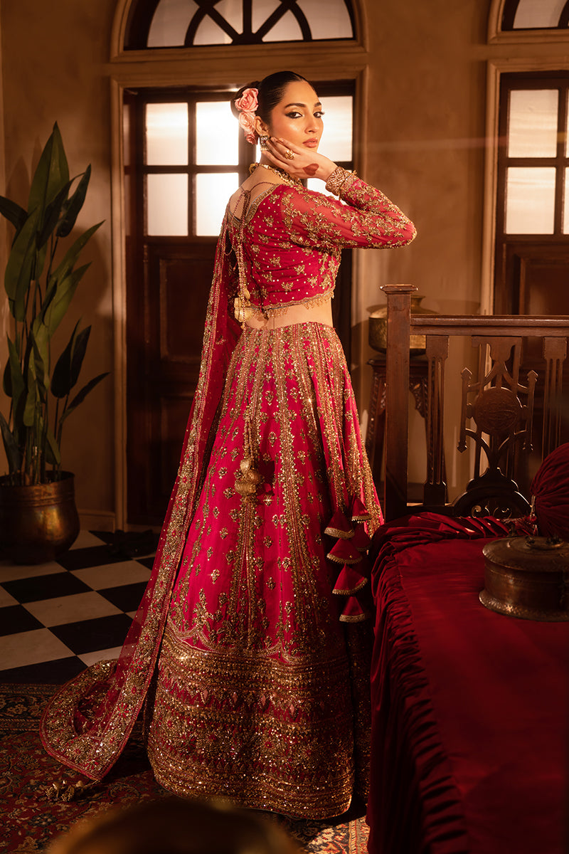 Pakistani Crimson Zardozi Silk Bridal Lehenga (3-Piece) - Image 5
