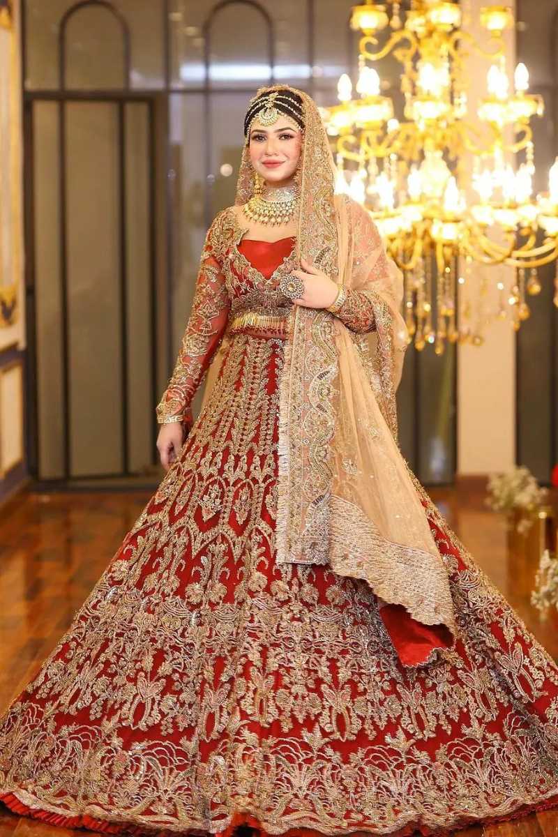 Pakistani Deep Red Zardozi Silk Bridal Lehenga (3-Piece) - Image 1