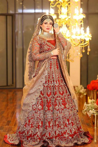 Pakistani Deep Red Zardozi Silk Bridal Lehenga (3-Piece) - Image 3