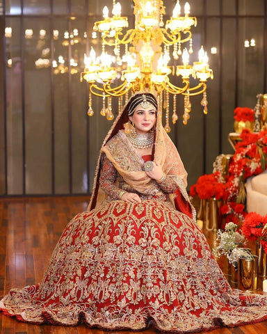 Pakistani Deep Red Zardozi Silk Bridal Lehenga (3-Piece) - Image 4