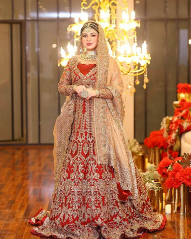 Pakistani Deep Red Zardozi Silk Bridal Lehenga (3-Piece) - Image 5
