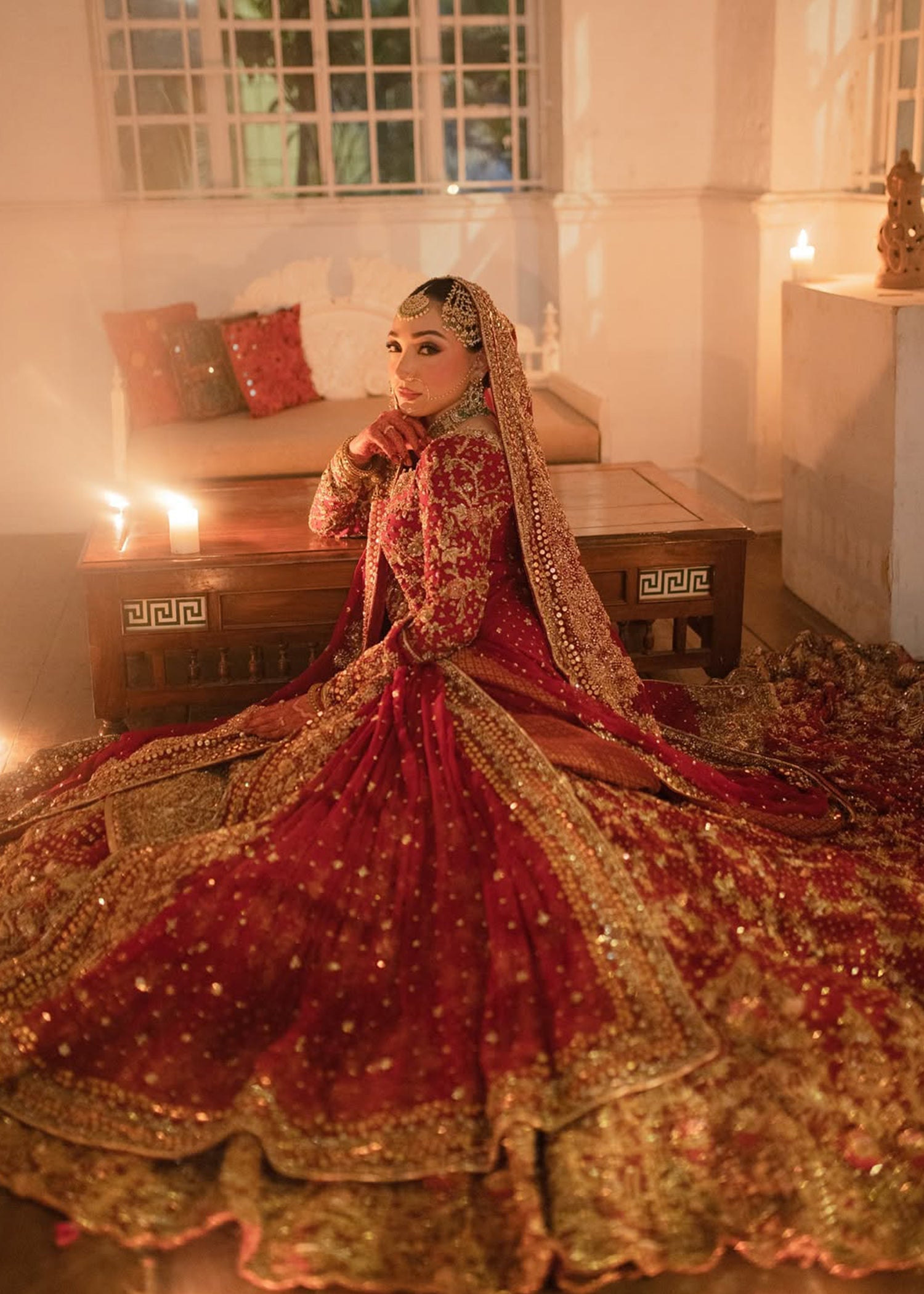 Deep Red Zardozi Silk Bridal Lehenga (3-Piece) - Image 10