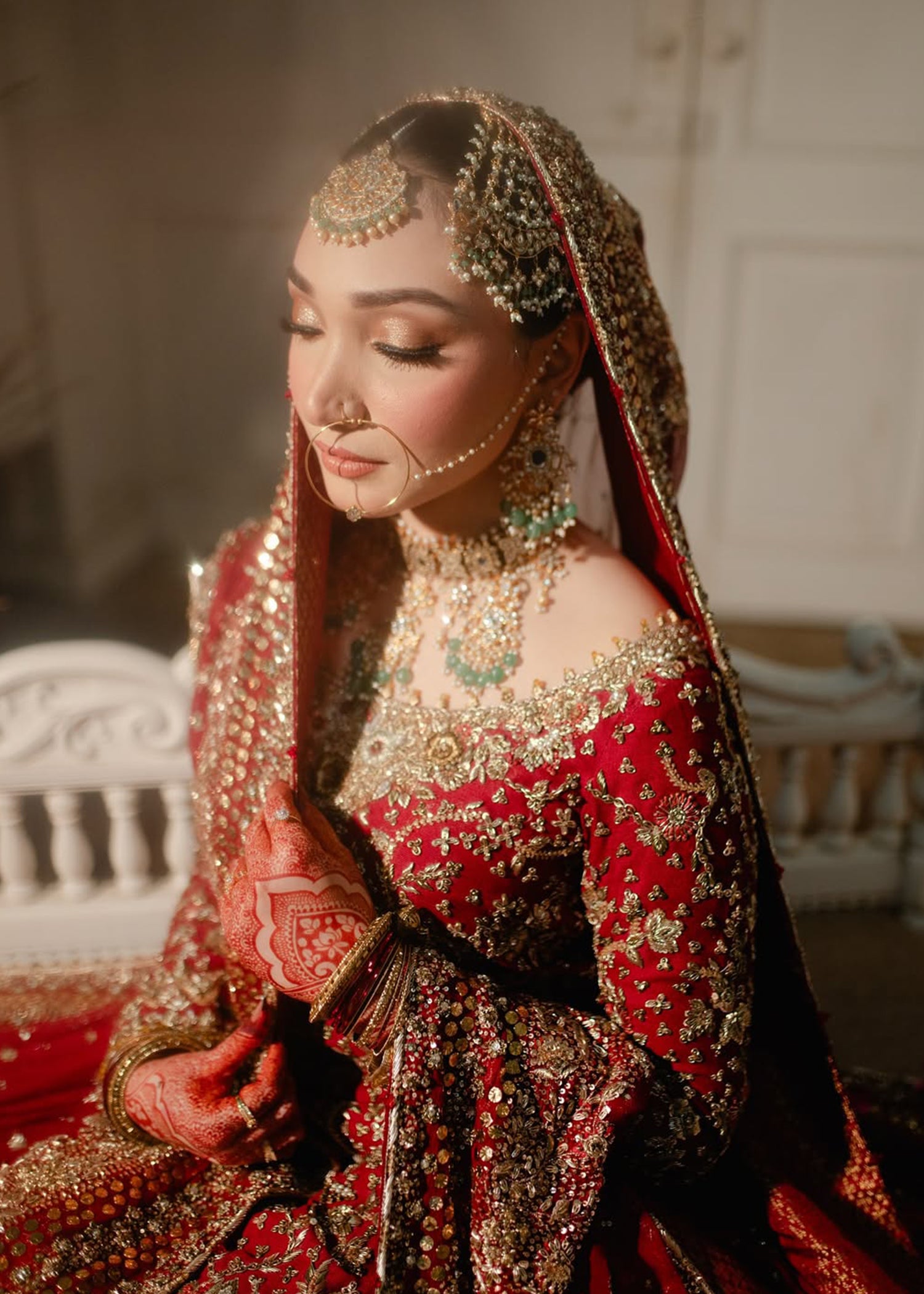 Deep Red Zardozi Silk Bridal Lehenga (3-Piece) - Image 5