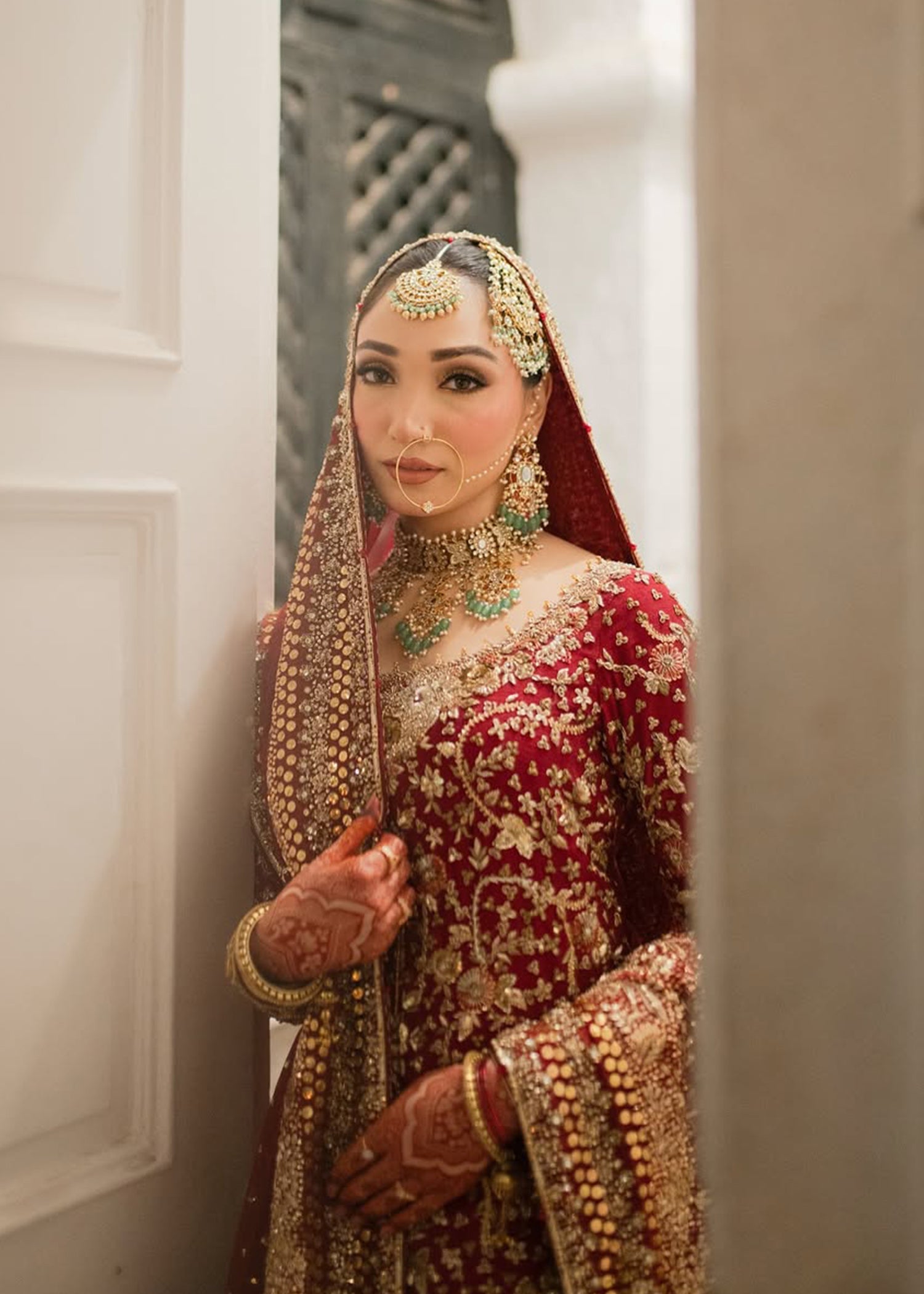 Deep Red Zardozi Silk Bridal Lehenga (3-Piece) - Image 7