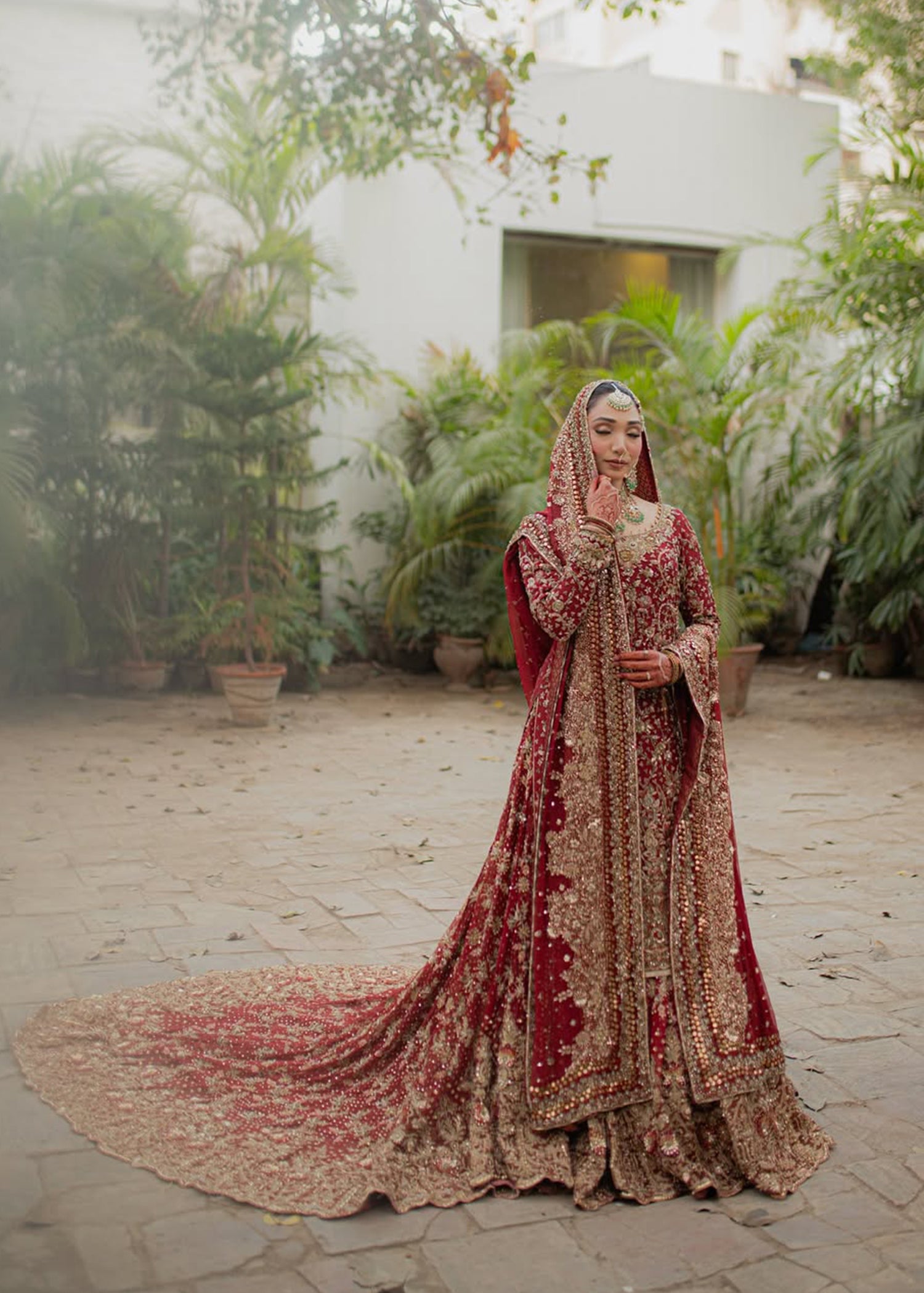 Deep Red Zardozi Silk Bridal Lehenga (3-Piece) - Image 8