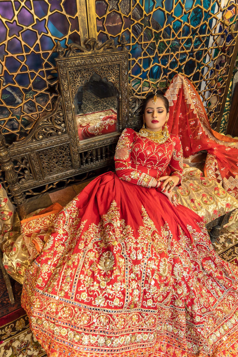 Pakistani Red Zardozi Silk Bridal Lehenga (3-Piece) - Image 6