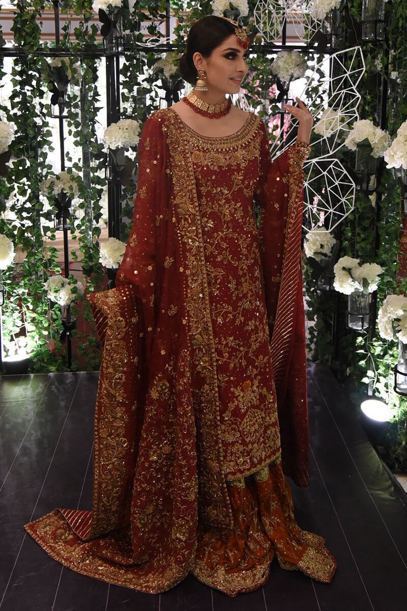 Deep Red Zardozi Silk Bridal Farshi Lehenga (3-Piece) - Image 3