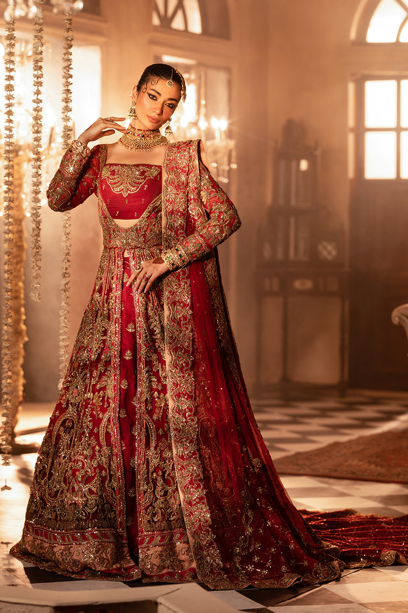 Sindoori Red Zari & Crystal Silk Bridal Lehenga (3-Piece) - Image 1