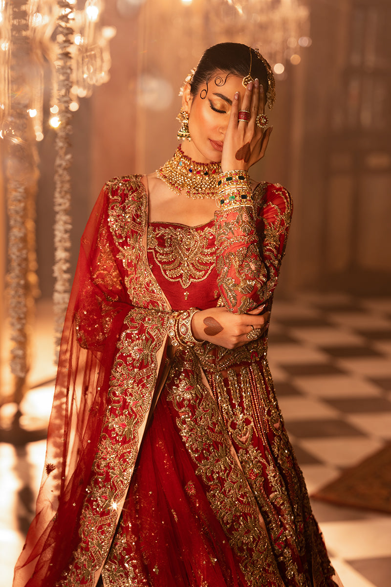 Sindoori Red Zari & Crystal Silk Bridal Lehenga (3-Piece) - Image 2