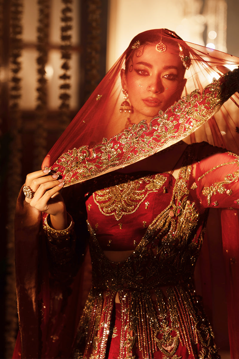 Sindoori Red Zari & Crystal Silk Bridal Lehenga (3-Piece) - Image 3