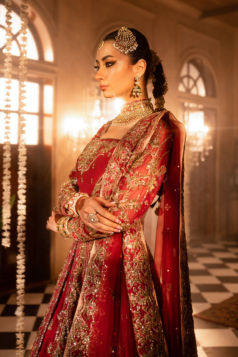 Sindoori Red Zari & Crystal Silk Bridal Lehenga (3-Piece) - Image 4