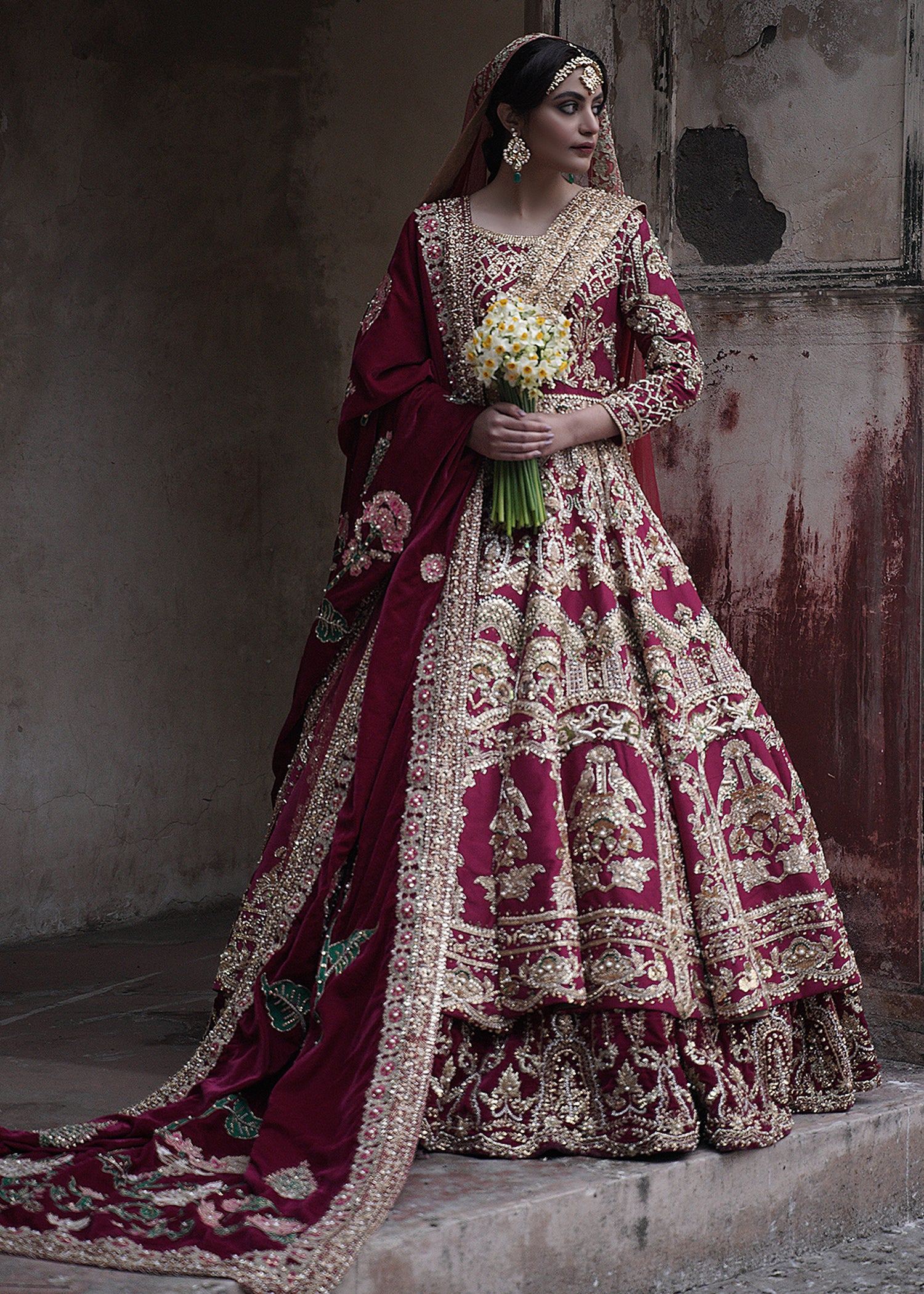 Pakistani Deep Red Embroidered Silk Bridal Lehenga (3-Piece) - Image 1