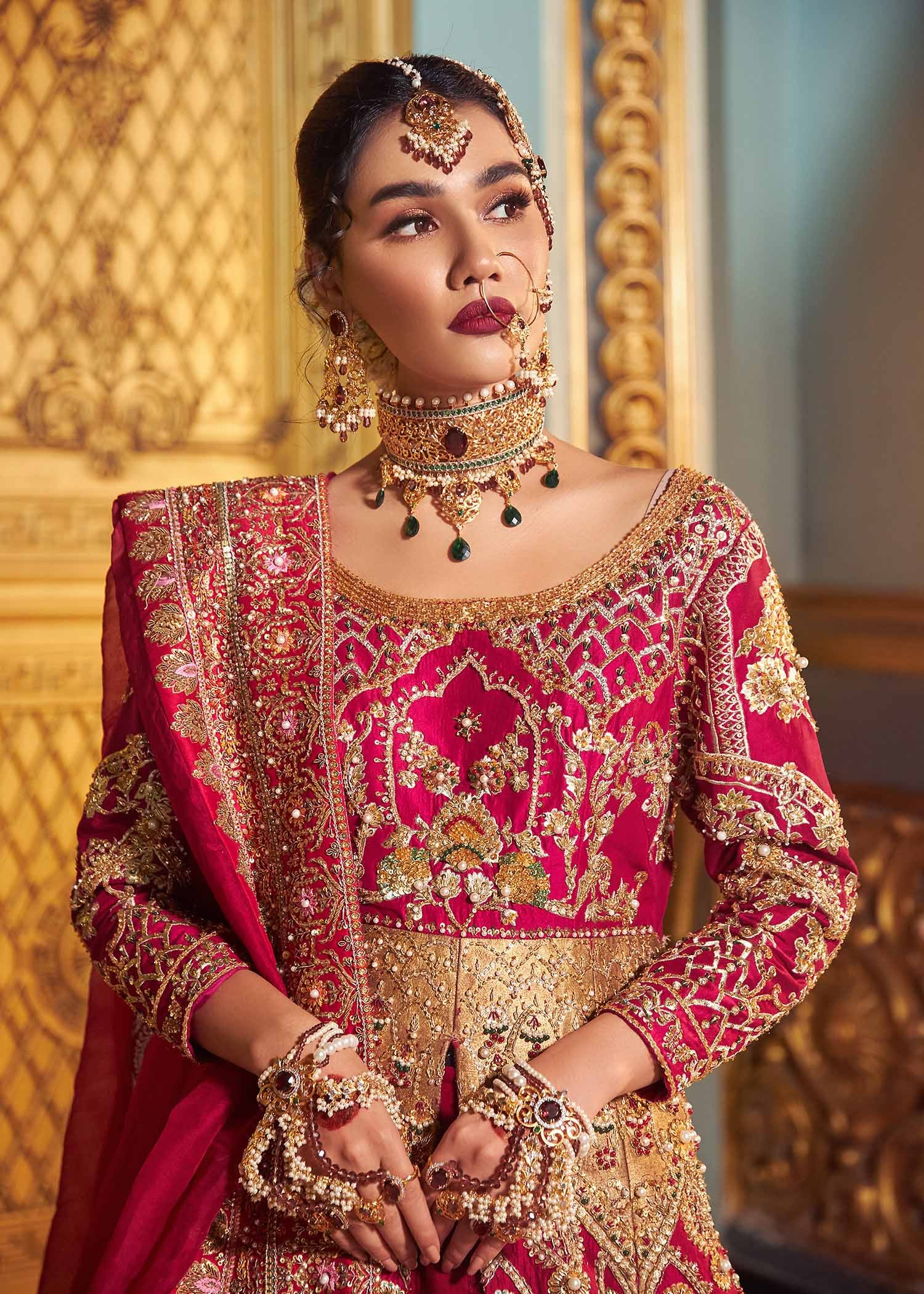 Pakistani Deep Red Embroidered Silk Bridal Lehenga (3-Piece) - Image 2