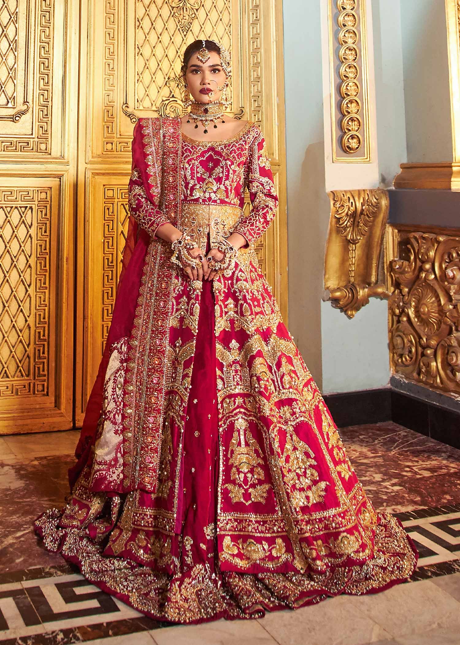 Pakistani Deep Red Embroidered Silk Bridal Lehenga (3-Piece) - Image 3