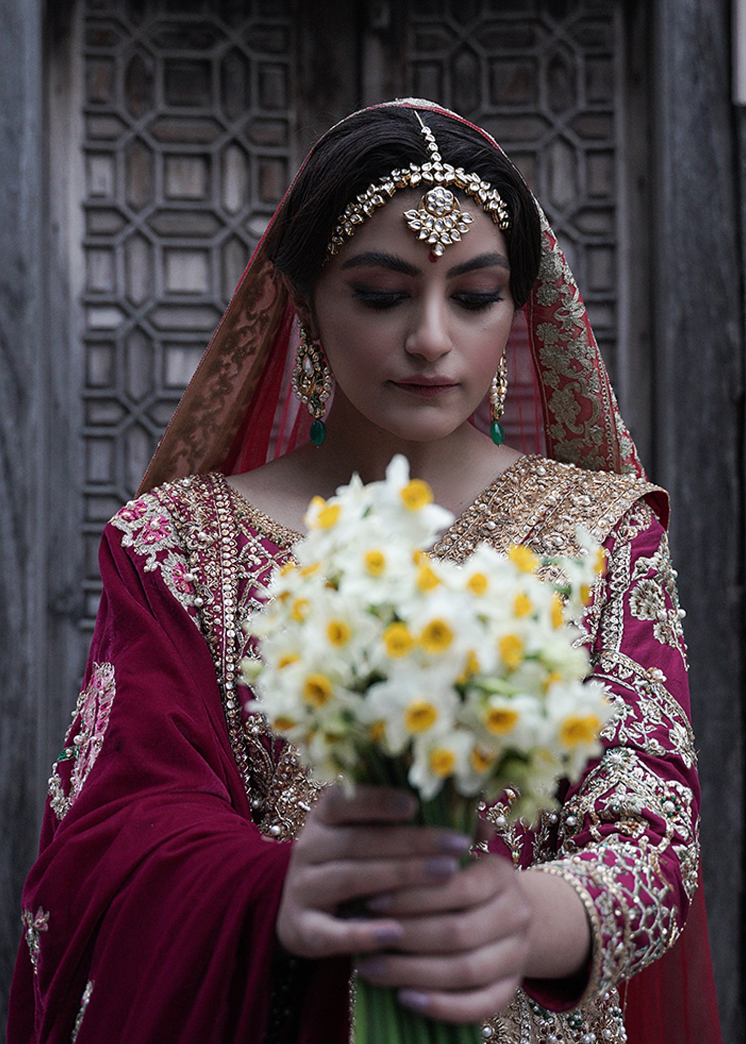Deep Red Embroidered Silk Bridal Lehenga (3-Piece) - Image 4