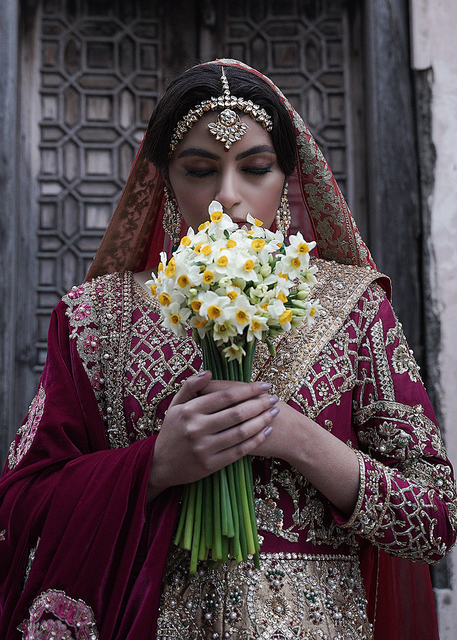 Deep Red Embroidered Silk Bridal Lehenga (3-Piece) - Image 5