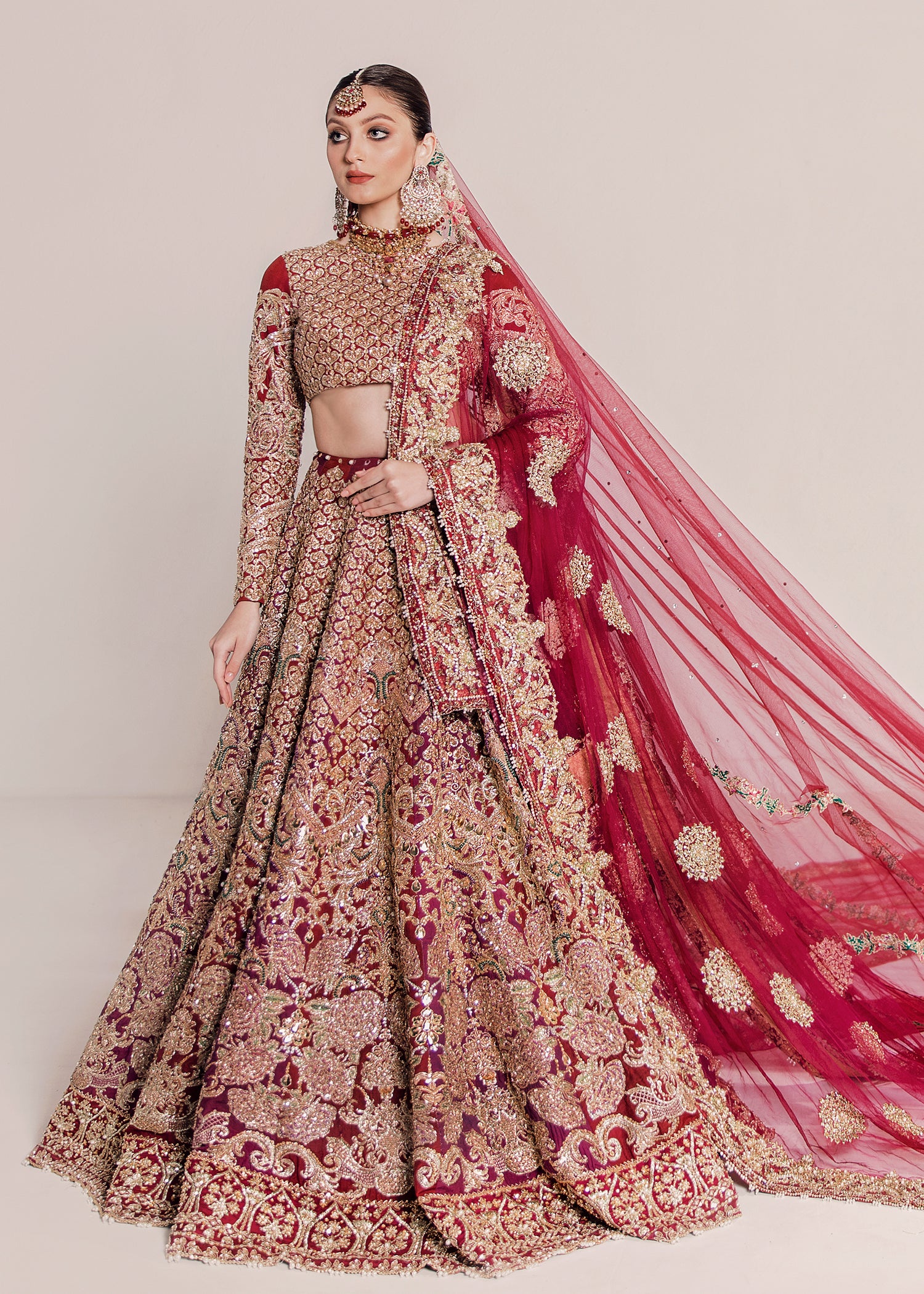 Pakistani Deep Red Embroidered Silk Bridal Lehenga (3-Piece) - Image 1