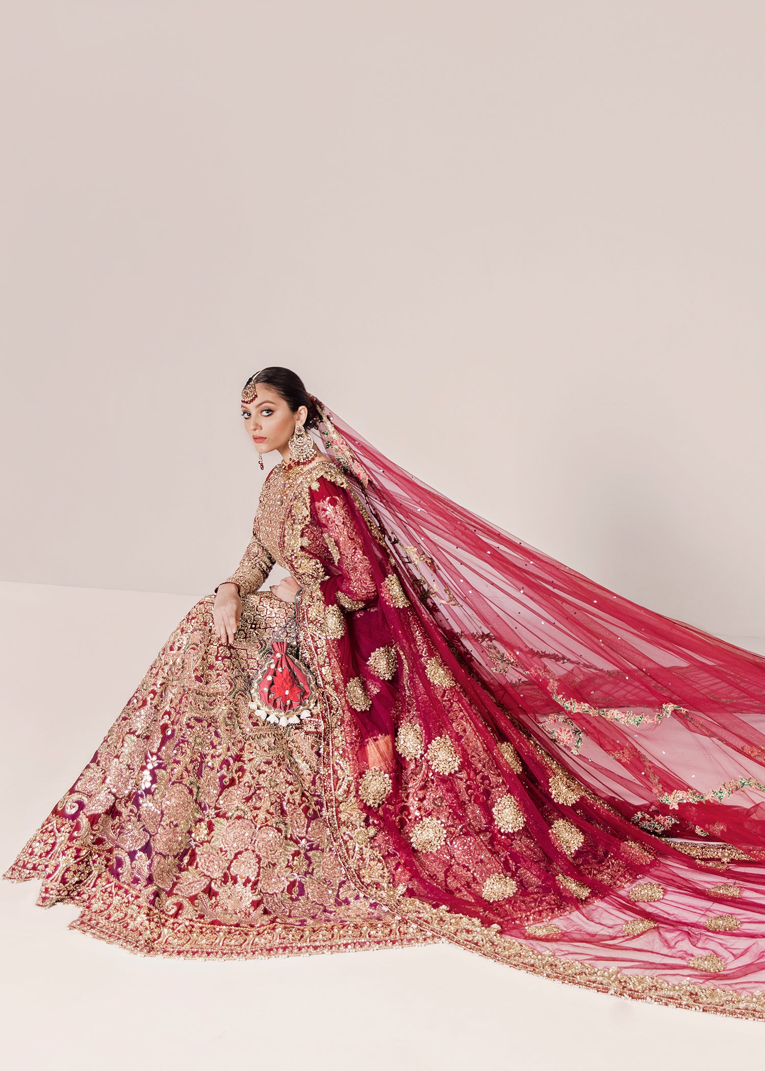 Pakistani Deep Red Embroidered Silk Bridal Lehenga (3-Piece) - Image 5