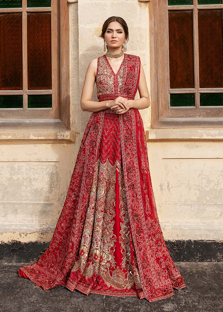 Pakistani Deep Red Embroidered Silk Bridal Lehenga (3-Piece) - Image 1
