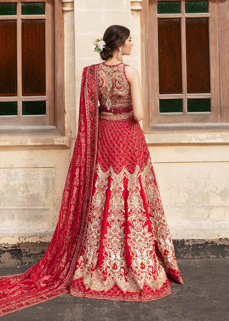Pakistani Deep Red Embroidered Silk Bridal Lehenga (3-Piece) - Image 3