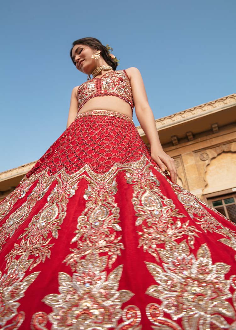 Pakistani Deep Red Embroidered Silk Bridal Lehenga (3-Piece) - Image 4