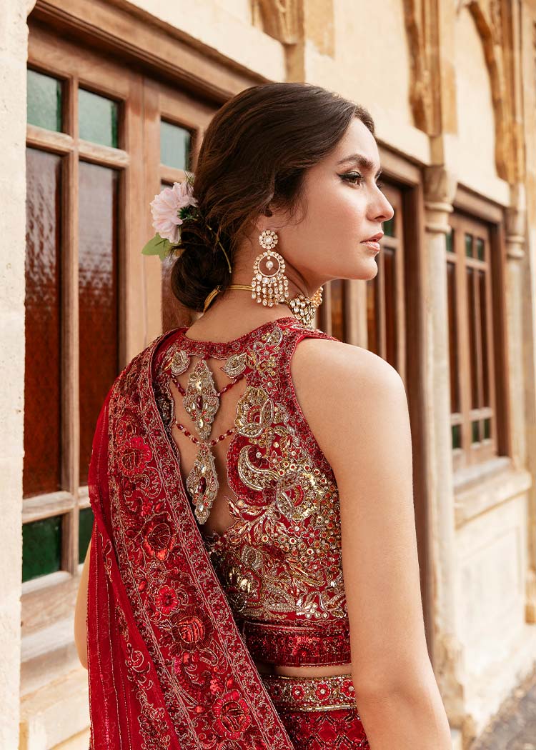 Pakistani Deep Red Embroidered Silk Bridal Lehenga (3-Piece) - Image 6
