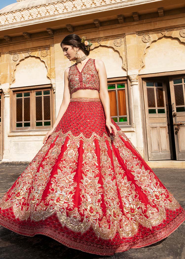 Pakistani Deep Red Embroidered Silk Bridal Lehenga (3-Piece) - Image 5