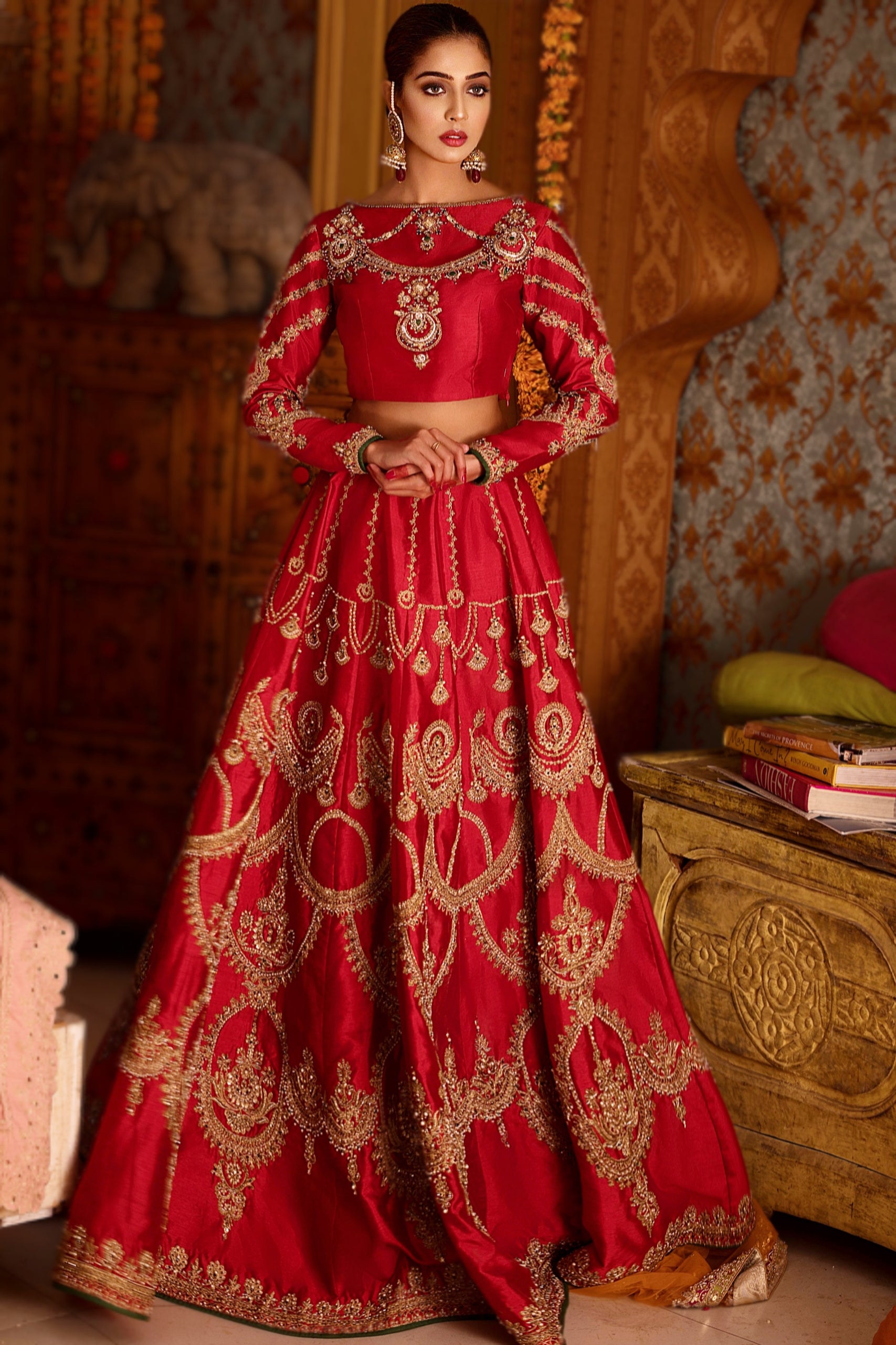 Pakistani Crimson Red Zari Silk Bridal Lehenga (2-Piece) - Image 1