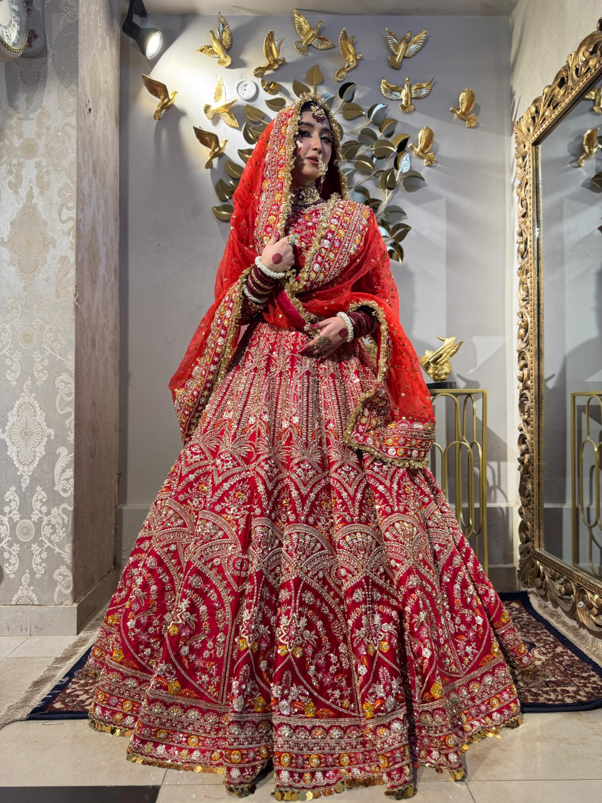 Red Embellished Silk Bridal Choli Lehenga (3-Piece) - Image 1