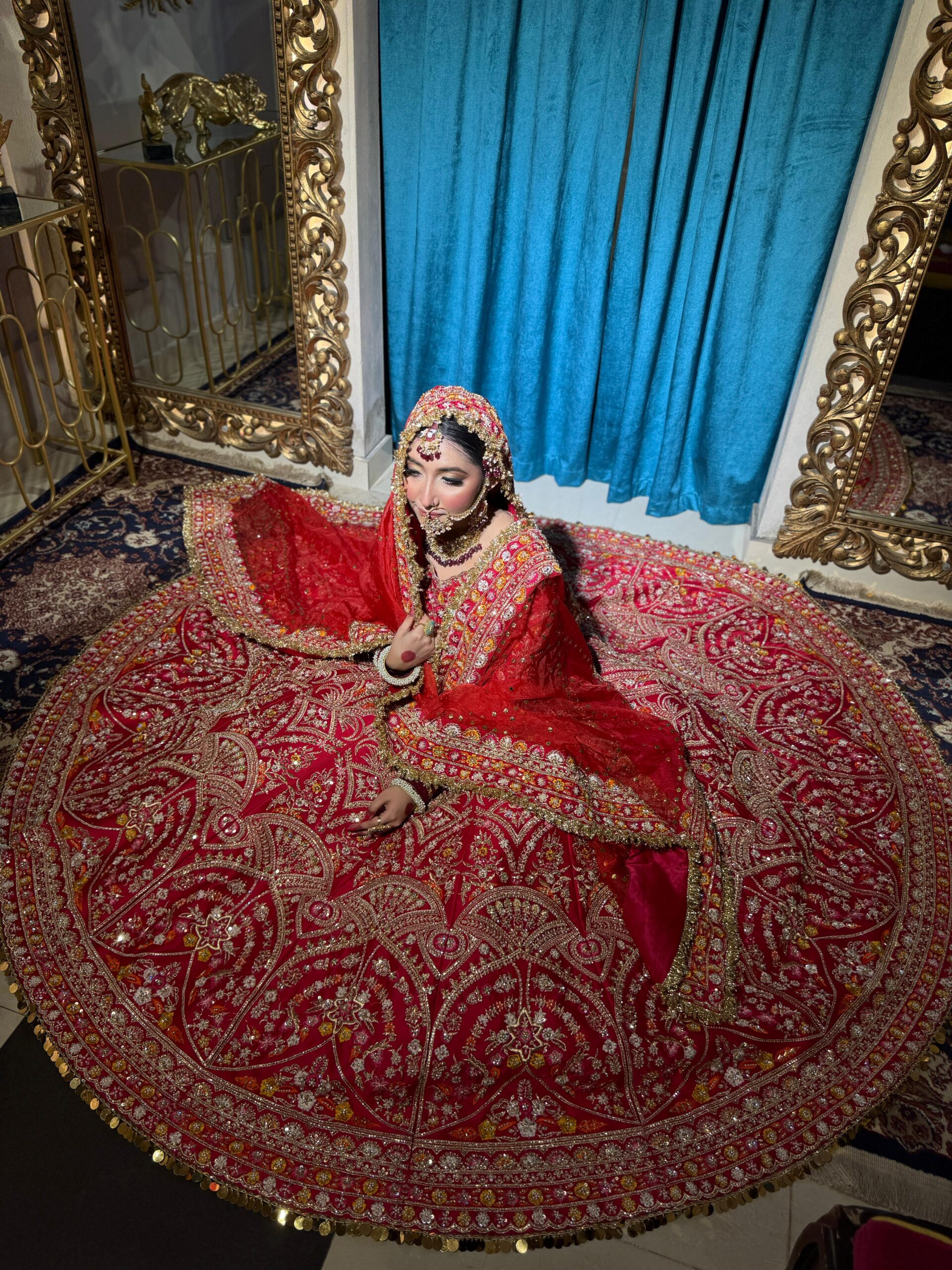 Red Embellished Silk Bridal Choli Lehenga (3-Piece) - Image 2