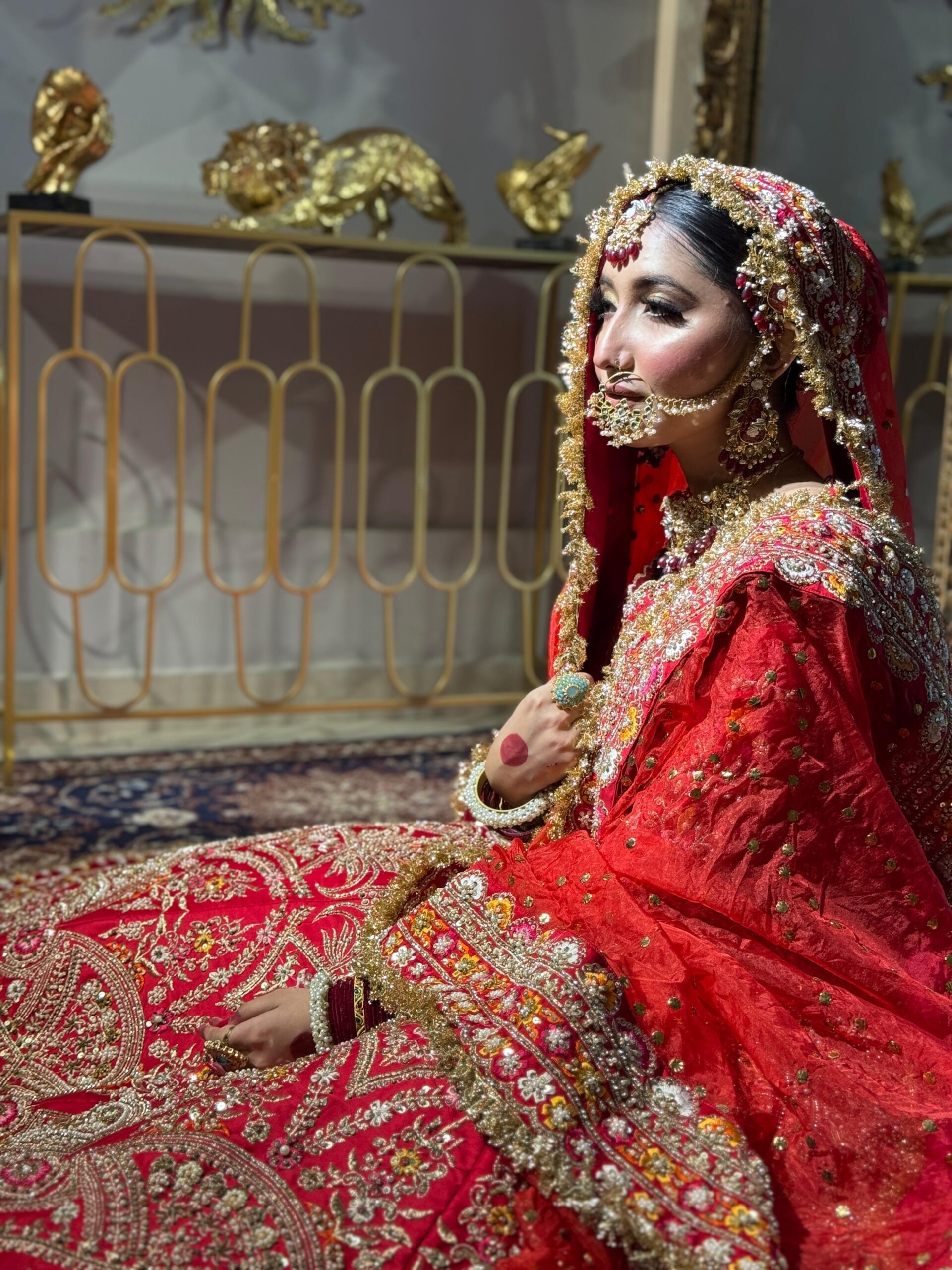 Red Embellished Silk Bridal Choli Lehenga (3-Piece) - Image 3