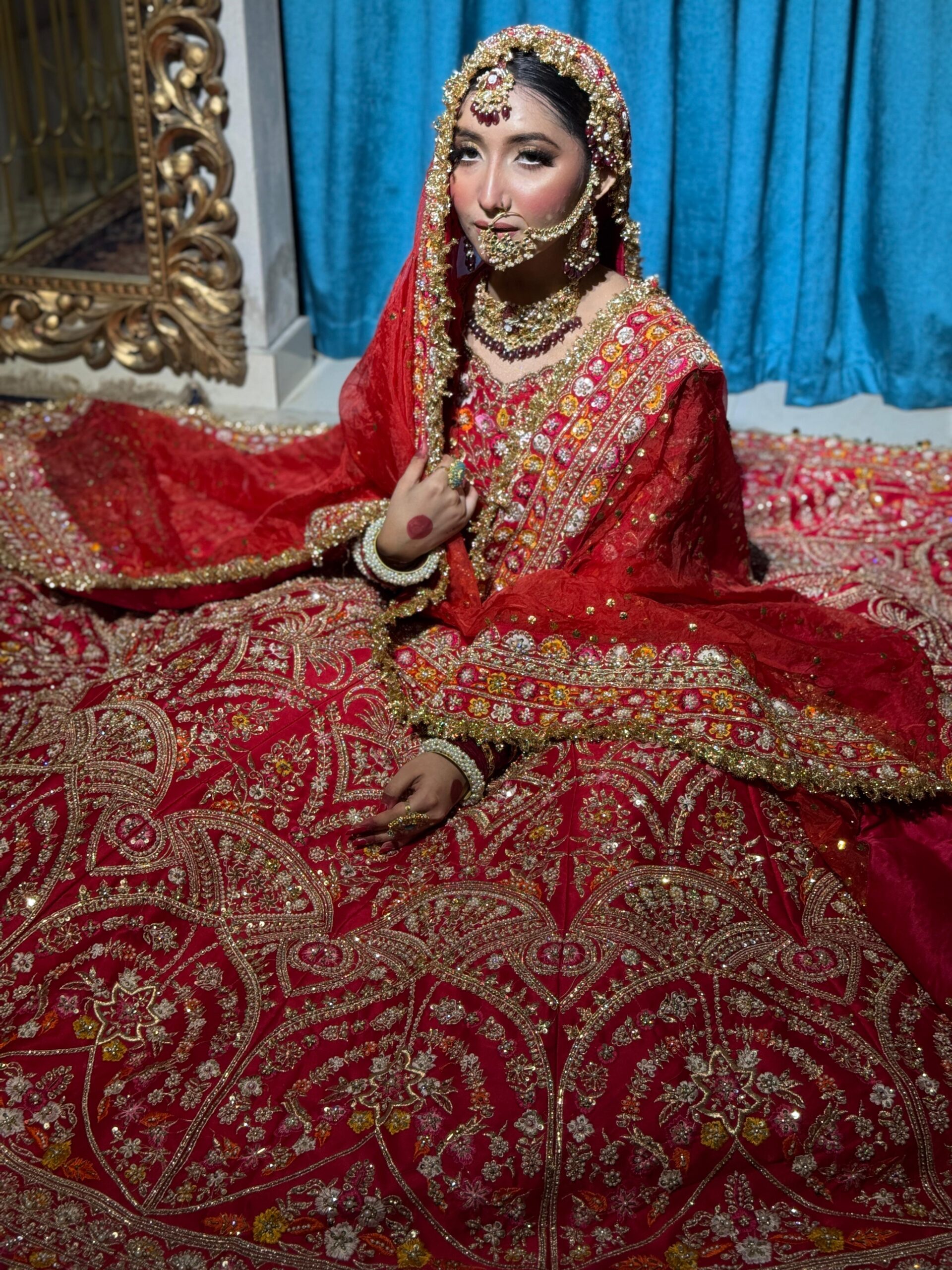 Red Embellished Silk Bridal Choli Lehenga (3-Piece) - Image 4