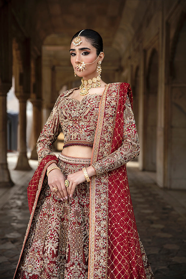 Deep Red Embroidered Silk Bridal Lehenga (3-Piece) - Image 1