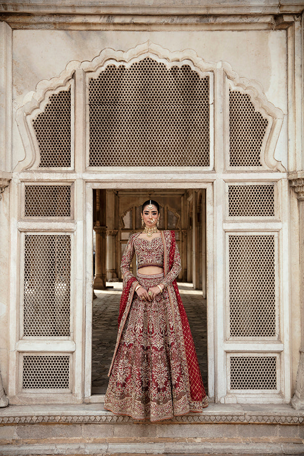 Deep Red Embroidered Silk Bridal Lehenga (3-Piece) - Image 3