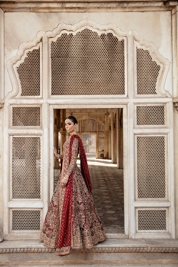 Deep Red Embroidered Silk Bridal Lehenga (3-Piece) - Image 4
