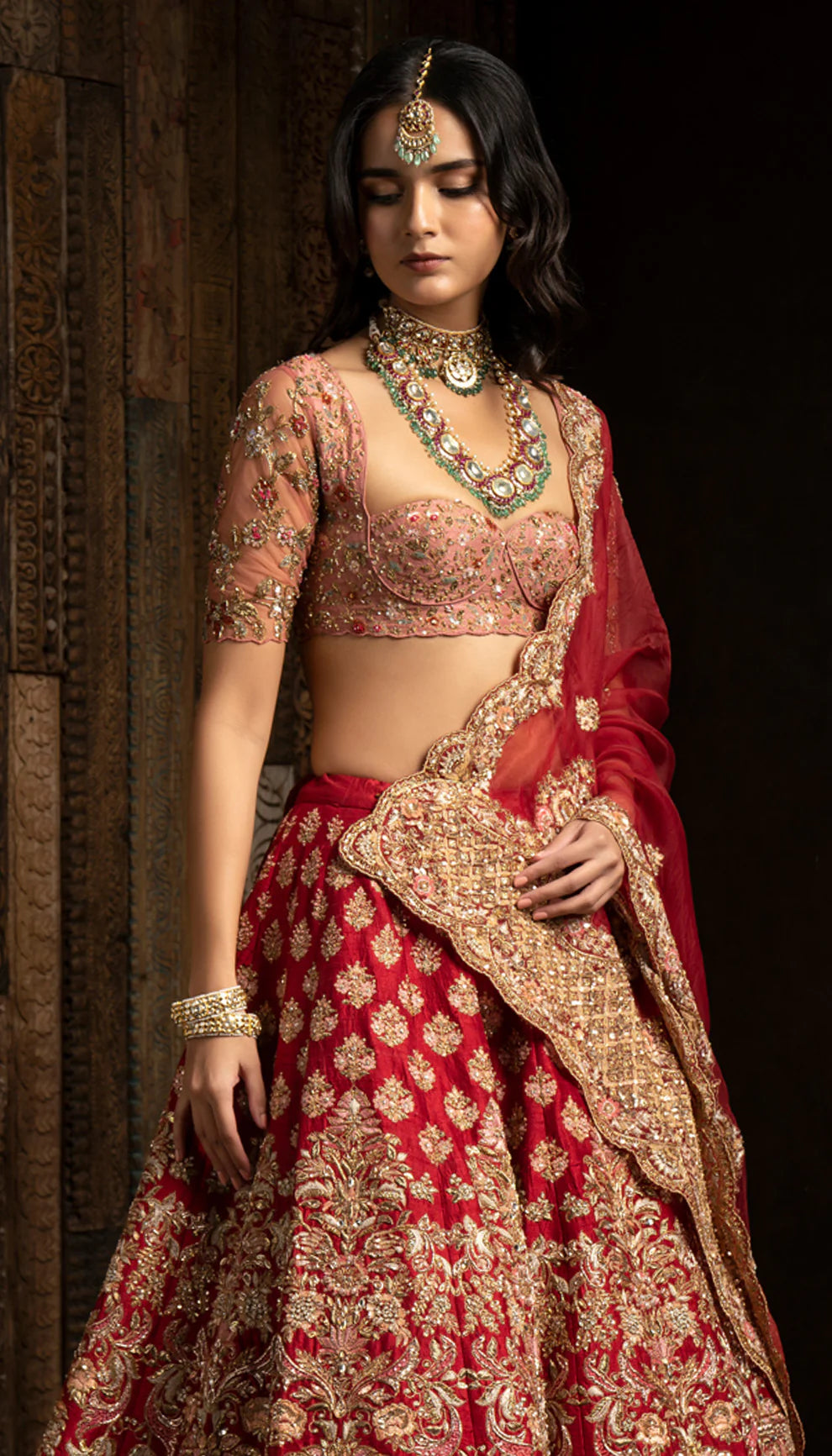 Indian Deep Red Embroidered Silk Bridal Lehenga (3-Piece) - Image 2
