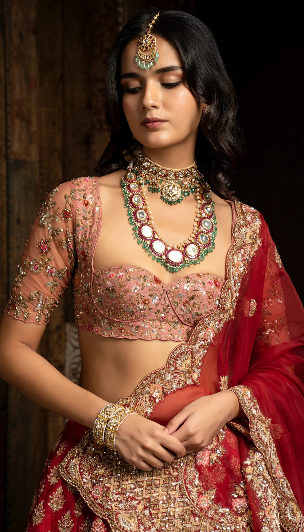 Indian Deep Red Embroidered Silk Bridal Lehenga (3-Piece) - Image 3
