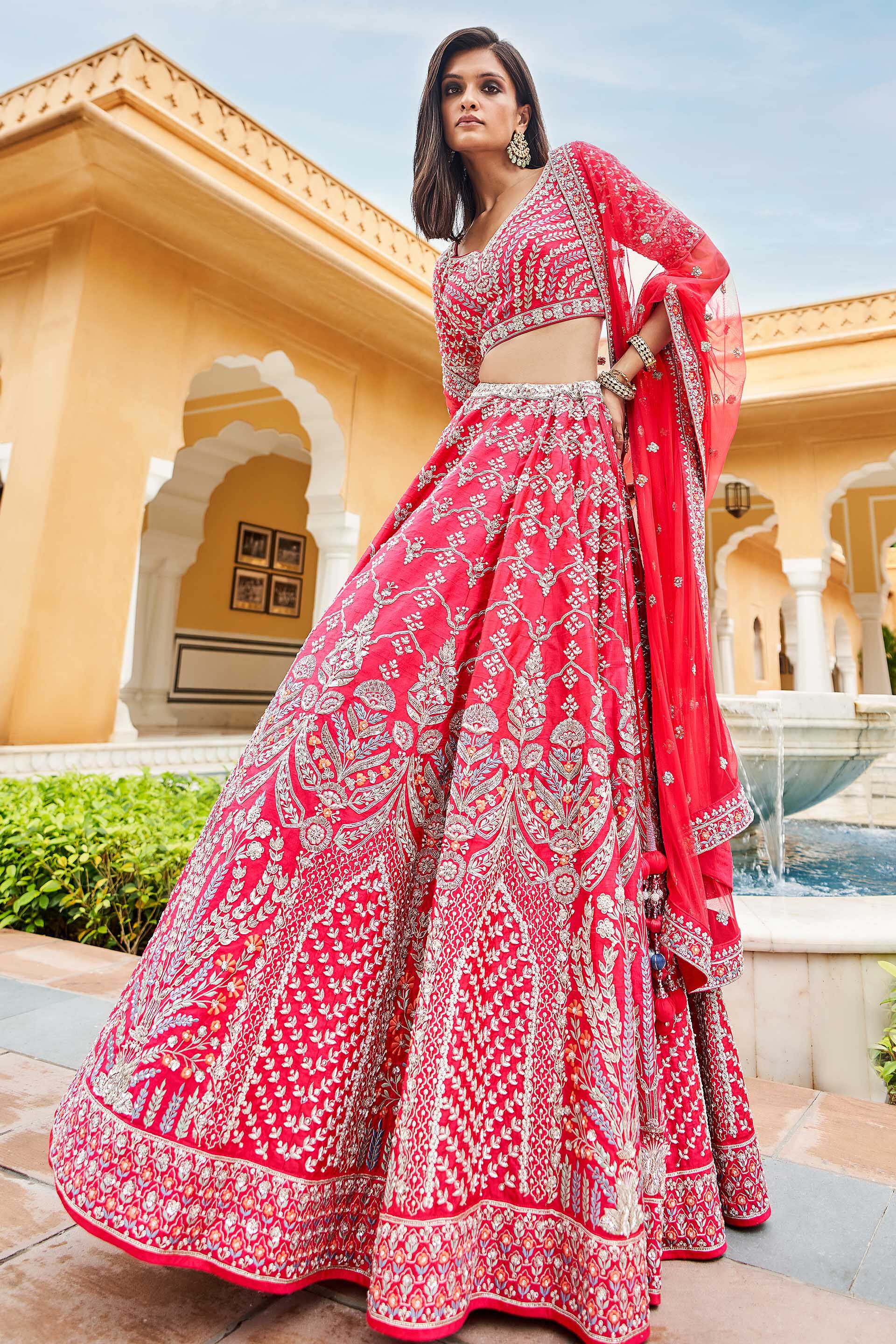 Indian Berry Sorbet Pearl Zari Silk Lehenga (3-Piece) - Image 2