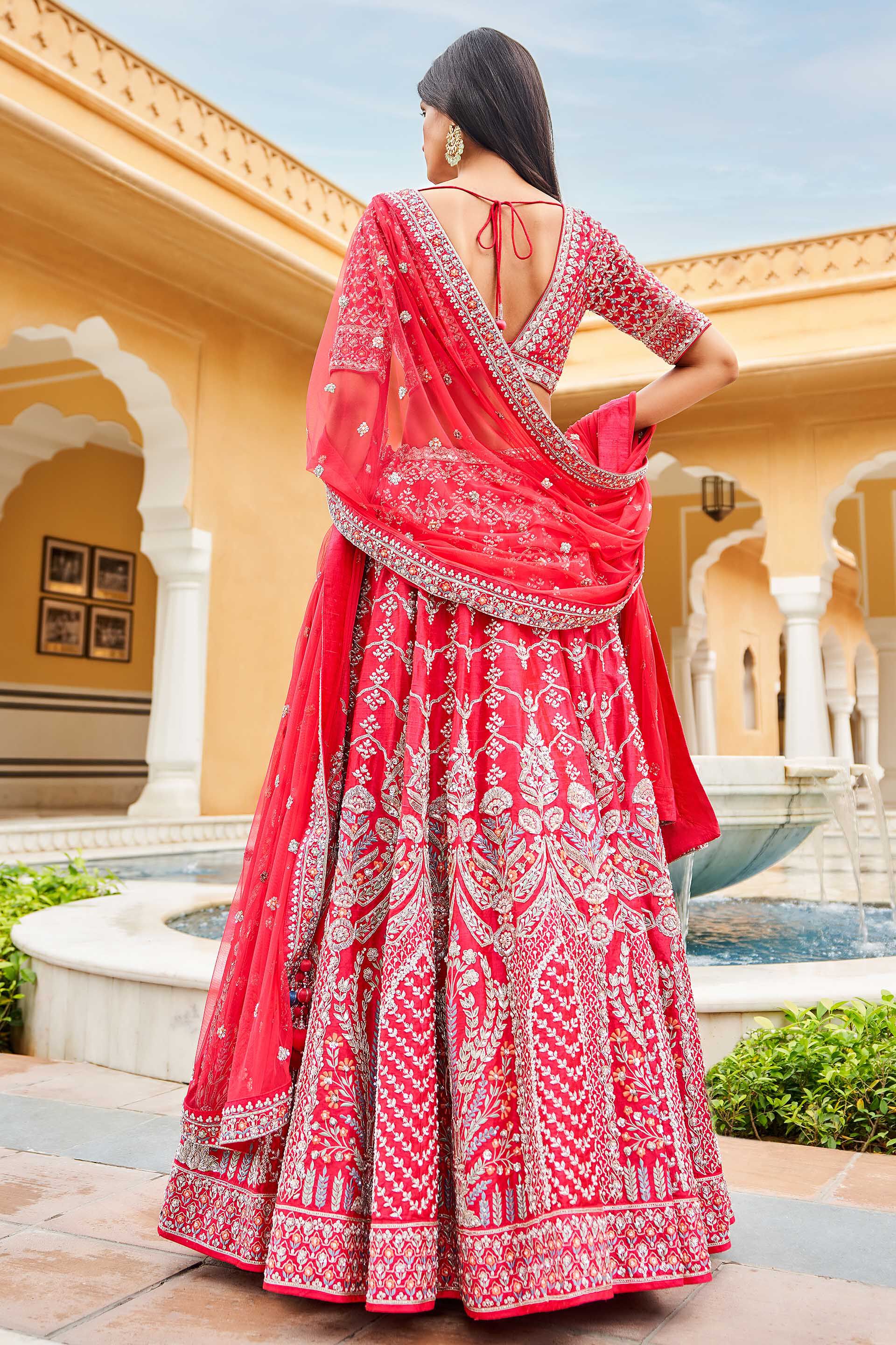 Indian Berry Sorbet Pearl Zari Silk Lehenga (3-Piece) - Image 3