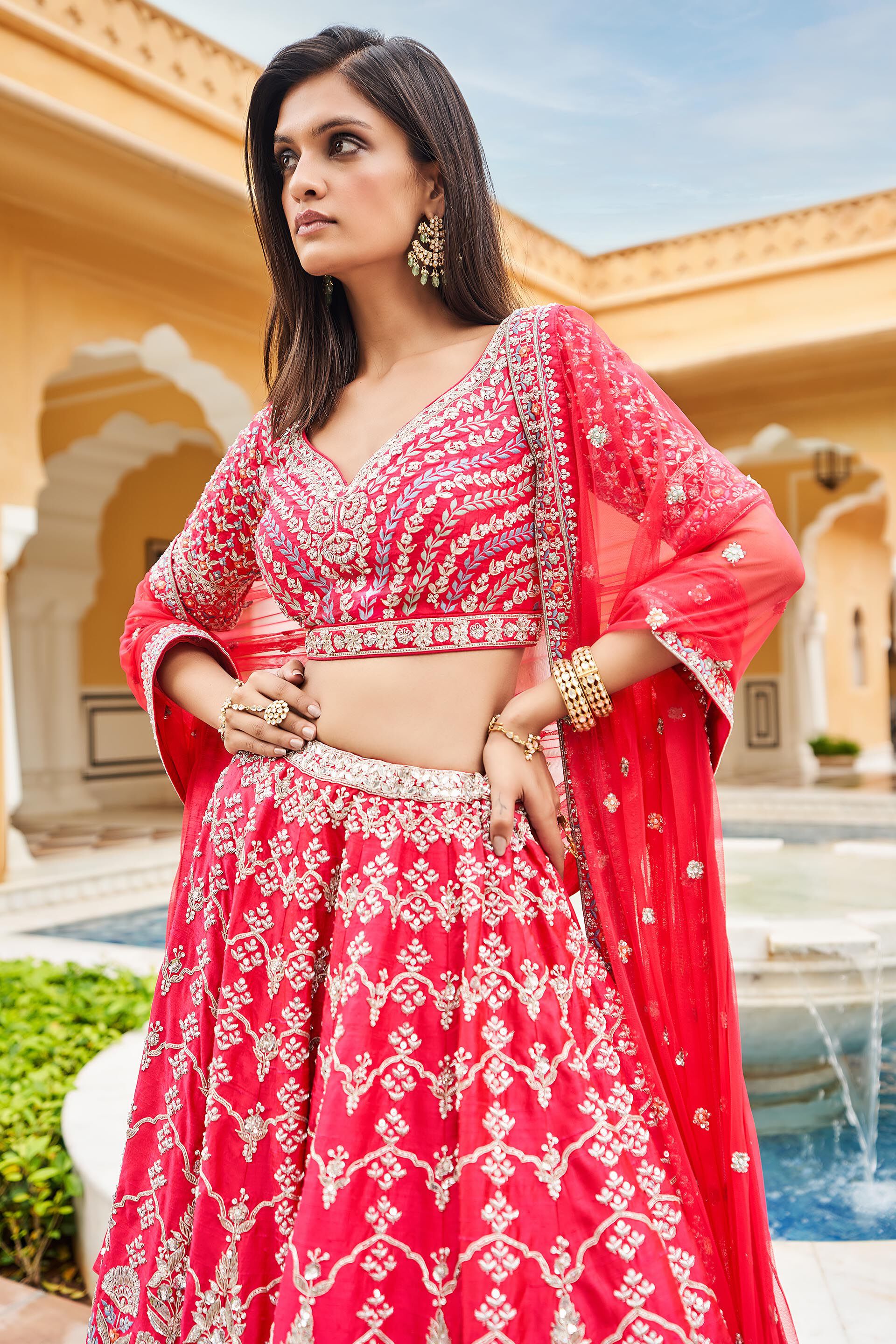 Indian Berry Sorbet Pearl Zari Silk Lehenga (3-Piece) - Image 4