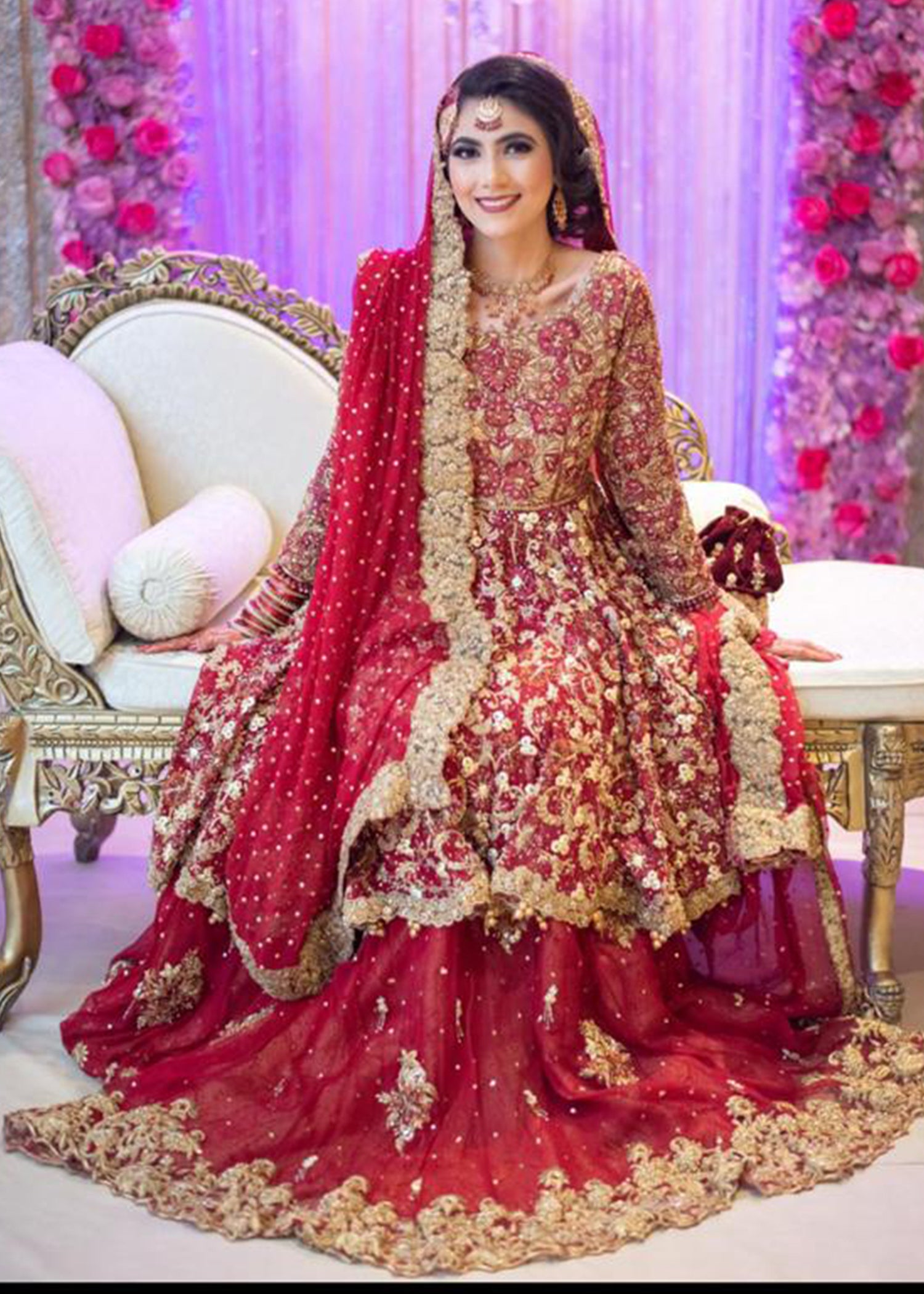 Pakistani Deep Red Embroidered Silk Bridal Lehenga (3-Piece) - Image 1