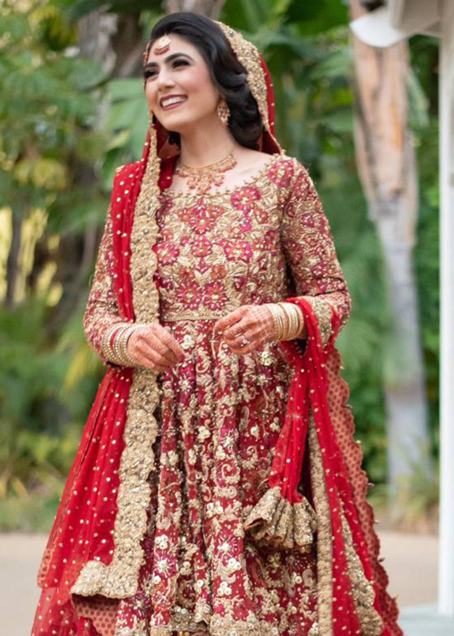 Pakistani Deep Red Embroidered Silk Bridal Lehenga (3-Piece) - Image 2