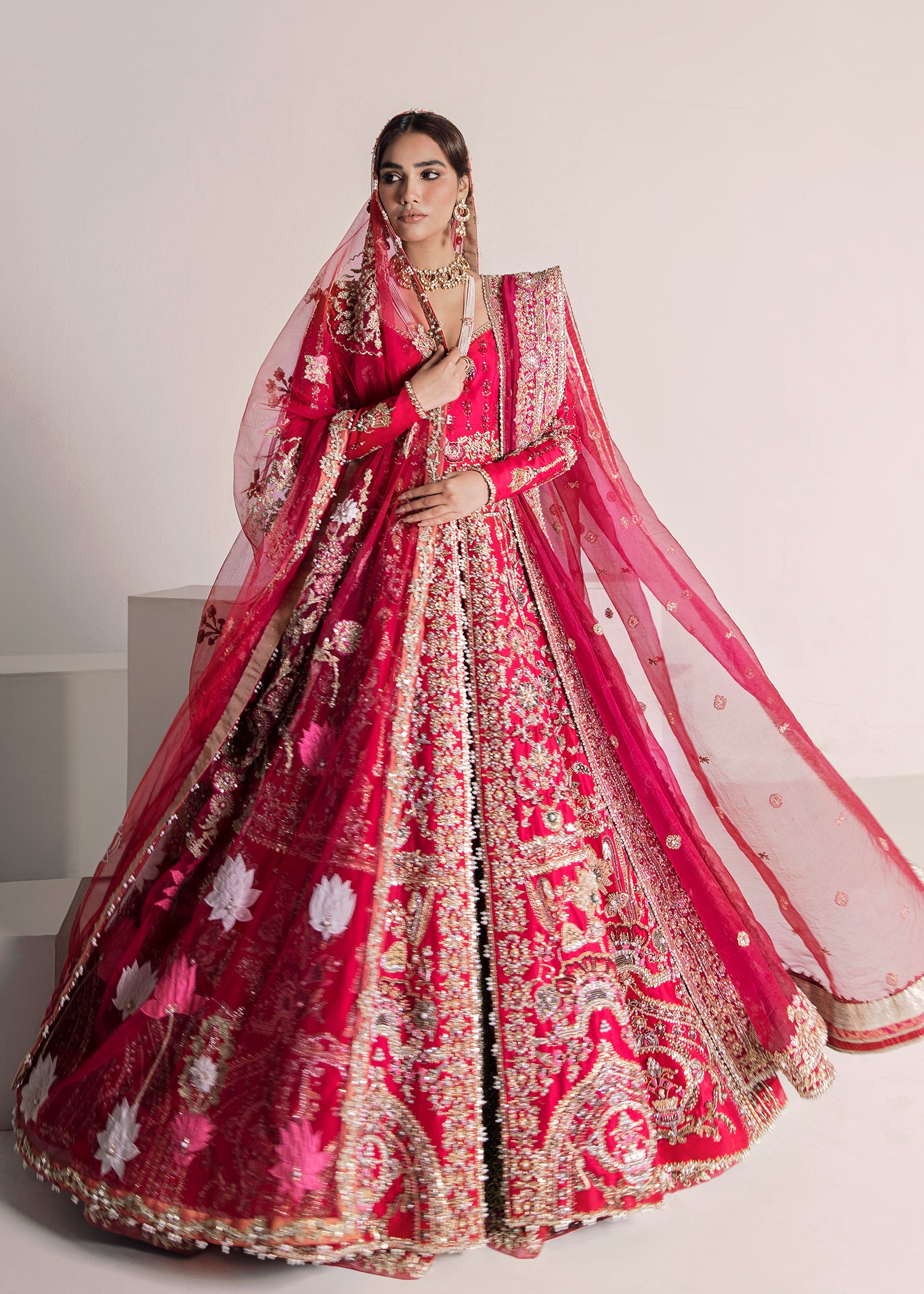 Pakistani Red Embellished Silk Bridal Lehenga (3-Piece) - Image 4