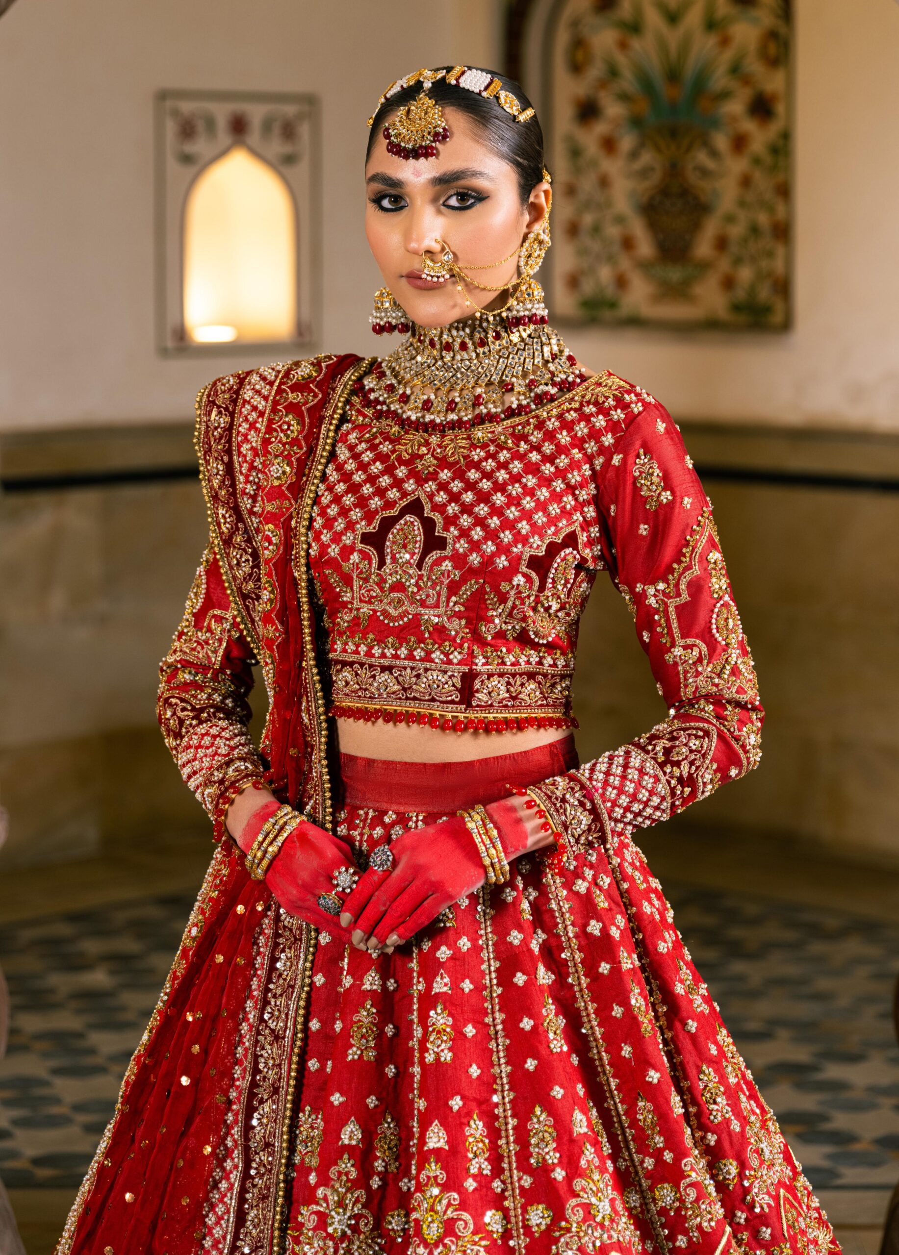 Pakistani Deep Red Embellished Silk Bridal Lehenga (3-Piece) - Image 1